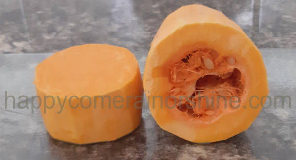 Butternut squash peeled and chopped in half.